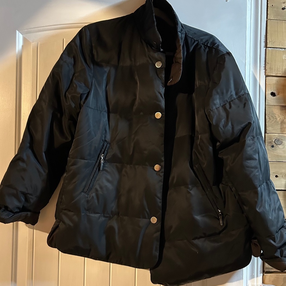 Talbot's Reversible Black Brow Snap Quilted Jacket Warm Light Puffer Down Large